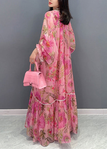 Style Pink Print Patchwork Chiffon Dress Long Sleeve EE1002