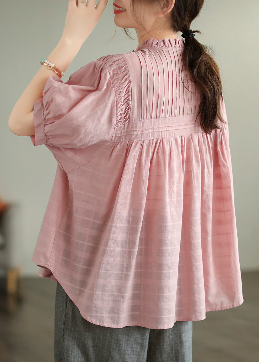 Style Summer Wrinkled Shirt Cotton Pink Ruffled