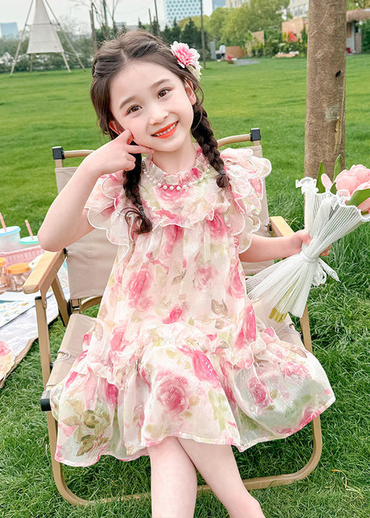 Style Pink Stand Collar Print Nail Bead Tulle Kids Mid Dress Summer XZ029