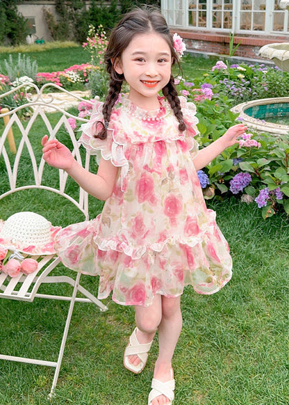 Style Pink Stand Collar Print Nail Bead Tulle Kids Mid Dress Summer XZ029