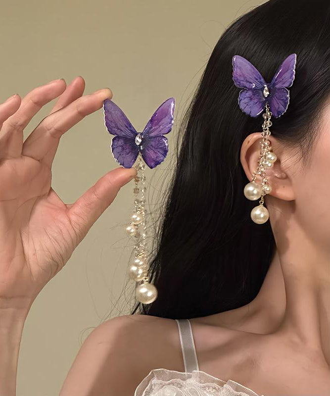 Butterfly Hairpin Style Zircon Tassel Pearl Purple Alloy