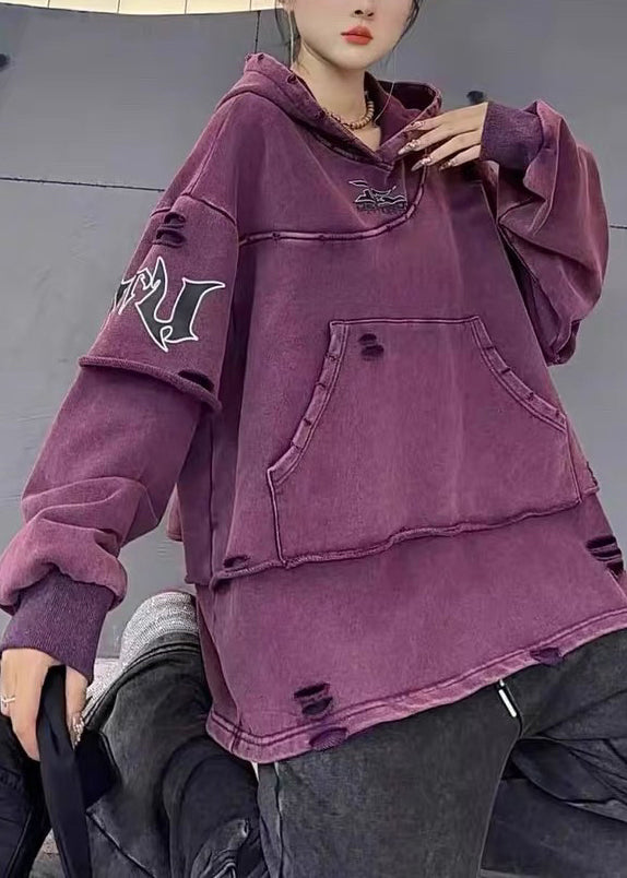 Style Purple Hooded Pockets Patchwork Cotton Sweatshirts Top Fall RU031