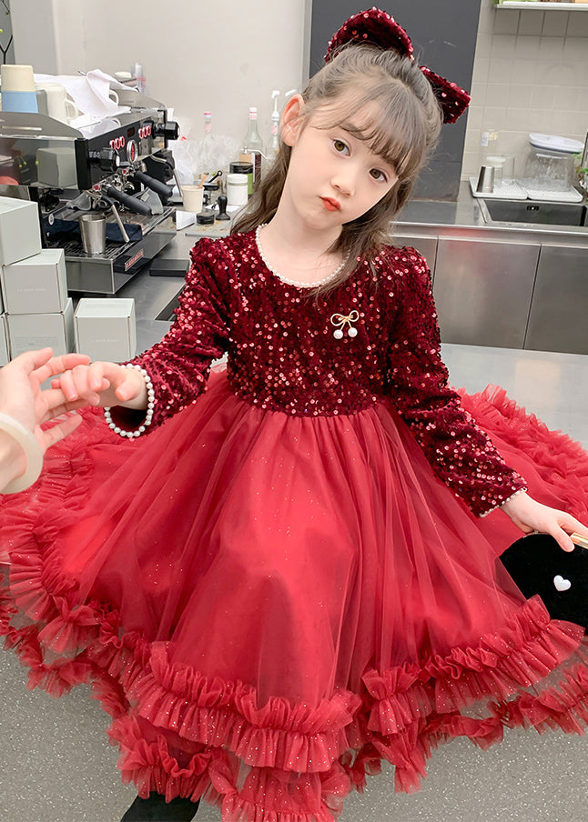 Style Long Spring Patchwork Girls Dresses Nail Red Bead Tulle