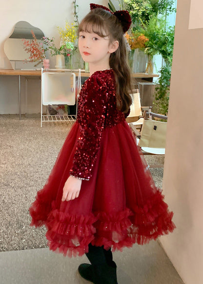 Style Long Spring Patchwork Girls Dresses Nail Red Bead Tulle