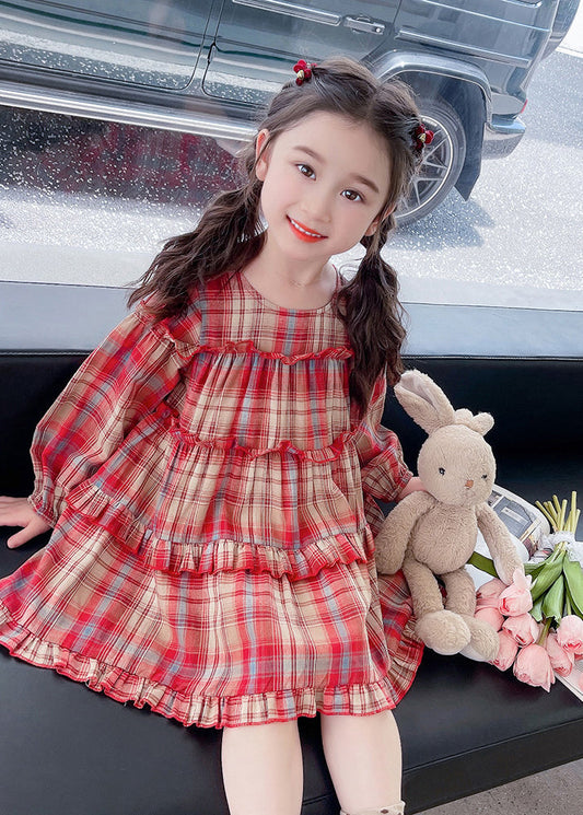 Style Red O-Neck Plaid Patchwork Girls Maxi Dress Long Sleeve SS1046