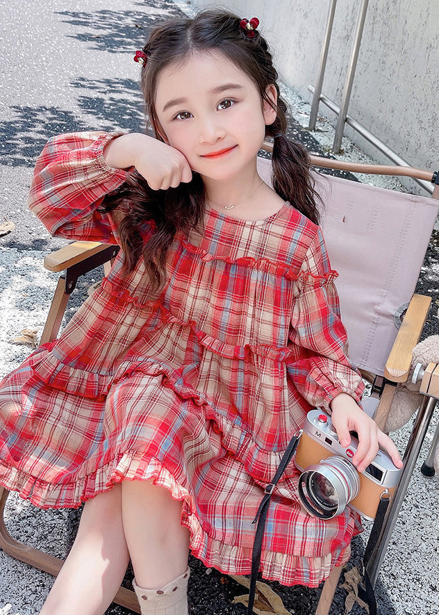 Style Red O-Neck Plaid Patchwork Girls Maxi Dress Long Sleeve SS1046