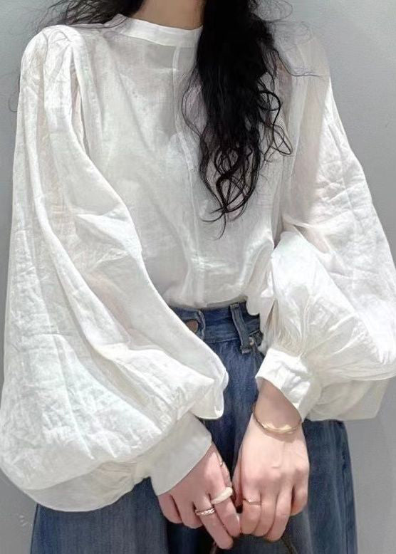 Style Simple White Cotton Shirt Tops Lantern Sleeve RU035