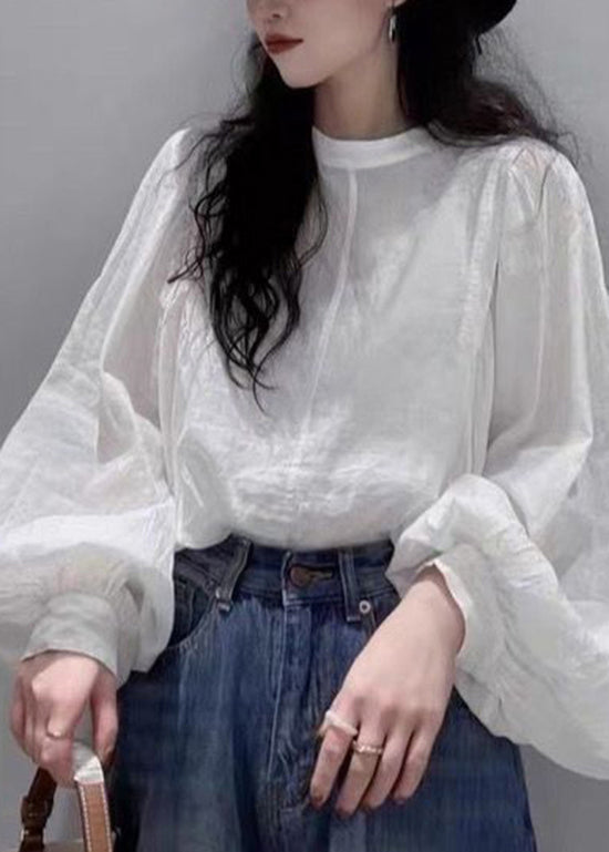 Style Simple White Cotton Shirt Tops Lantern Sleeve RU035