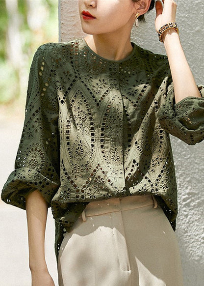 Style Top Out Green Tea Embroidered Fall Cotton Hollow