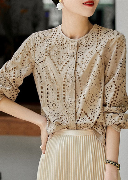 Style Top Out Green Tea Embroidered Fall Cotton Hollow