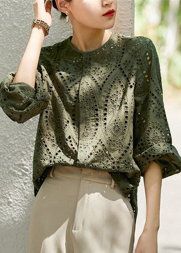 Style Top Out Green Tea Embroidered Fall Cotton Hollow