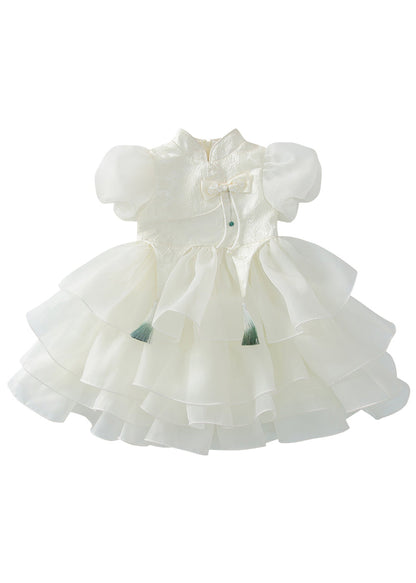 Button Maxi Tassel Style Dress Kids Tulle White Summer