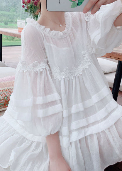 Style White Lace Ruffled Patchwork Cotton Blouses Lantern Sleeve FF020