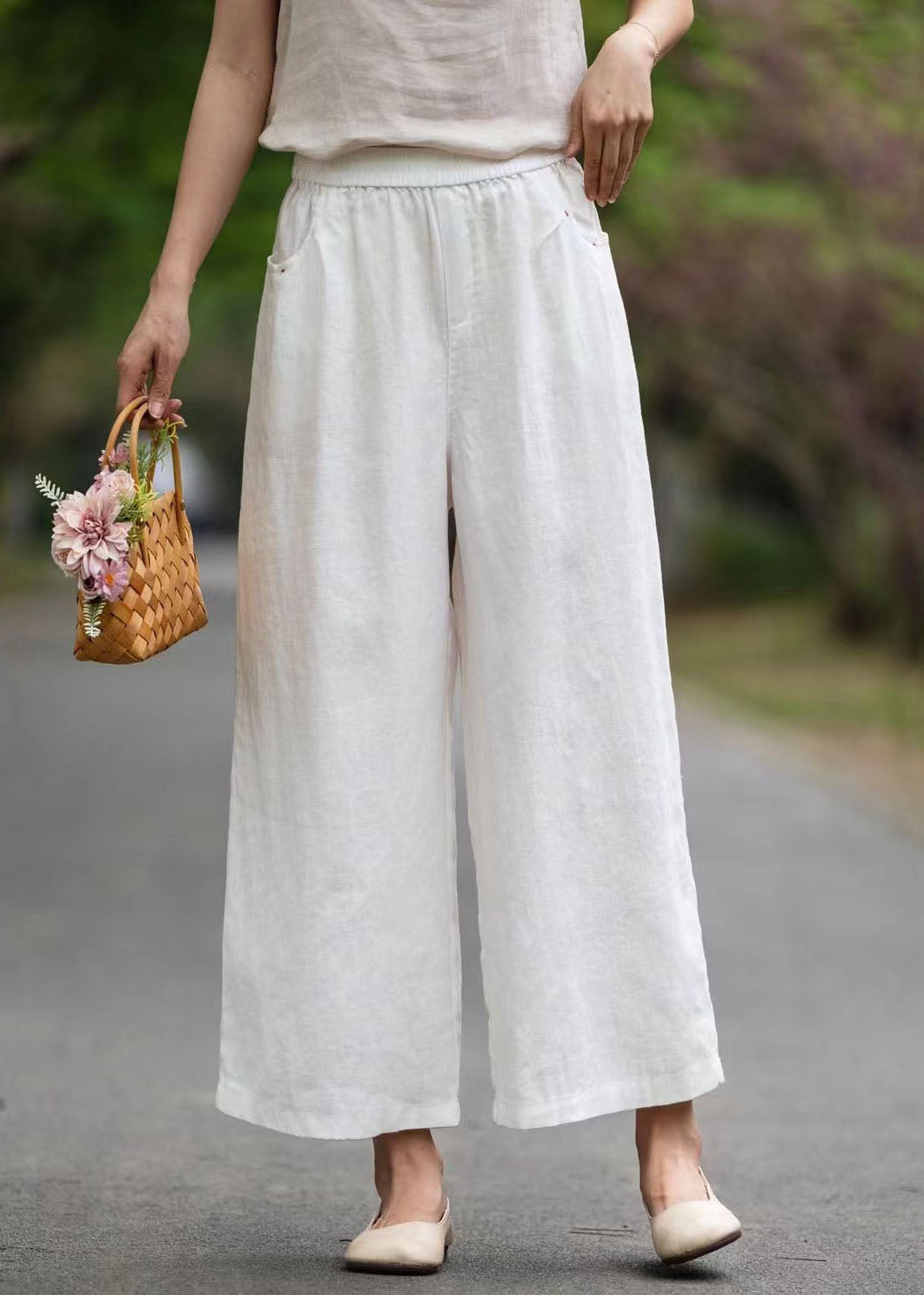 Oversized Summer Pants Pockets Wide White Style Leg Linen