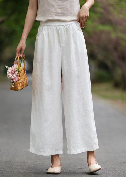 Oversized Summer Pants Pockets Wide White Style Leg Linen