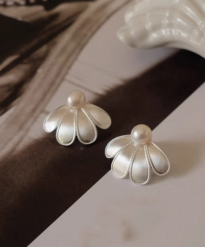 White Stud Sterling Earrings Pearl Silver Style Petal