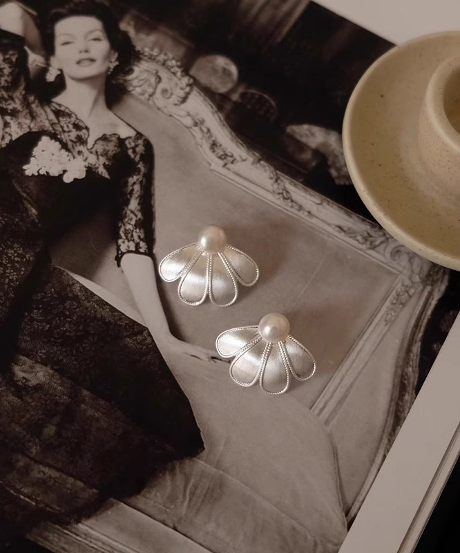 White Stud Sterling Earrings Pearl Silver Style Petal