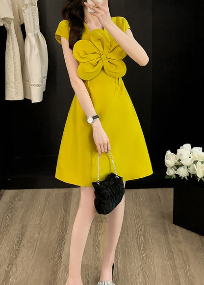 Floral Neck Style Cotton Dress Summer O Yellow Decorated