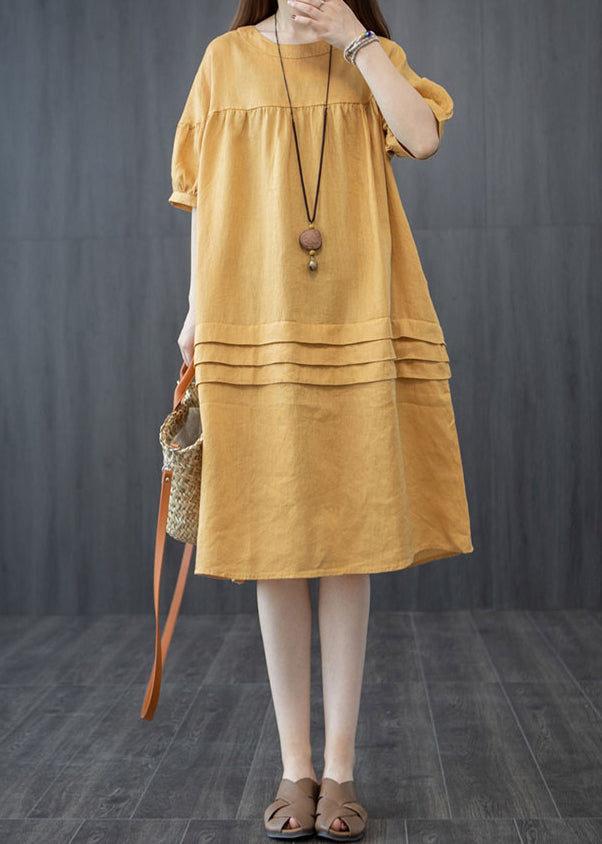 Style Summer Patchwork Wrinkled Yellow Oversized Dress Mid