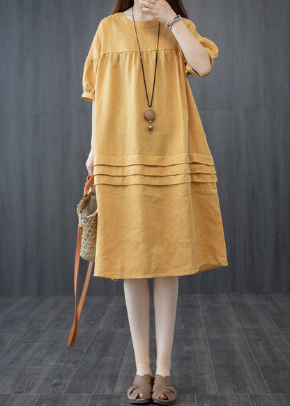 Style Summer Patchwork Wrinkled Yellow Oversized Dress Mid