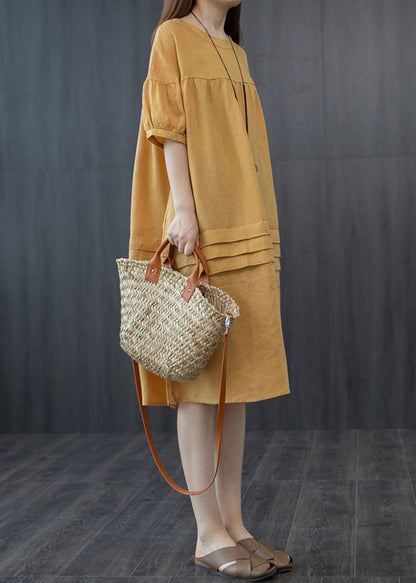Mid Summer Patchwork Yellow Dress Wrinkled Style Oversized