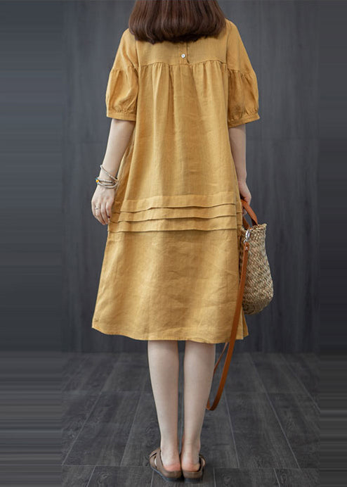Style Summer Patchwork Wrinkled Yellow Oversized Dress Mid