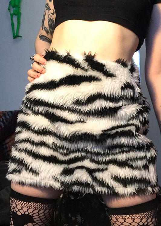 Style Zebra Pattern Black High Waist Faux Fur Skirt Spring TN021