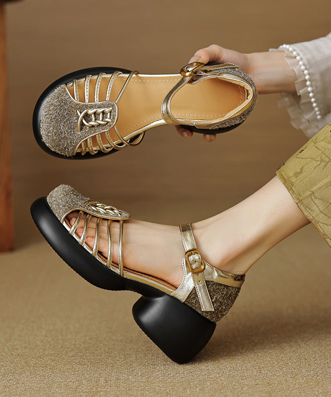 Hollow Stylish Apricot Out Chunky Heel Sandals Splicing