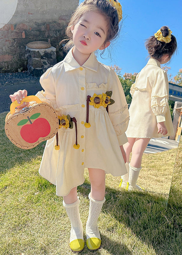 Stylish Apricot Peter Pan Collar Asymmetrical Wrinkled Floral Kids Long Shirts Dress Fall SS1055