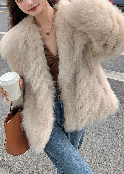 Stylish Apricot Peter Pan Collar Leather And Fur Coats Spring YY015