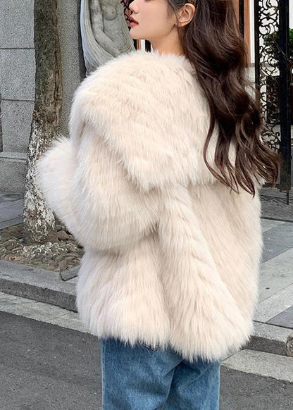 Stylish Apricot Peter Pan Collar Leather And Fur Coats Spring YY015