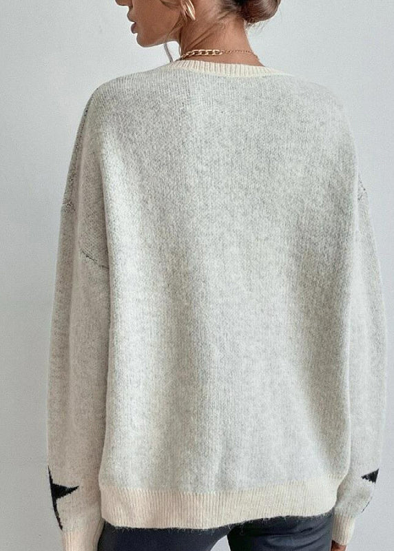 Stilvolle Apricot Sterne Muster Strick Pullover Herbst QY008