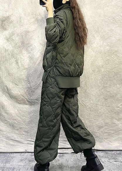 Stylish Army Green Fine Cotton Filled Two Piece Set Outfits Winter RU034