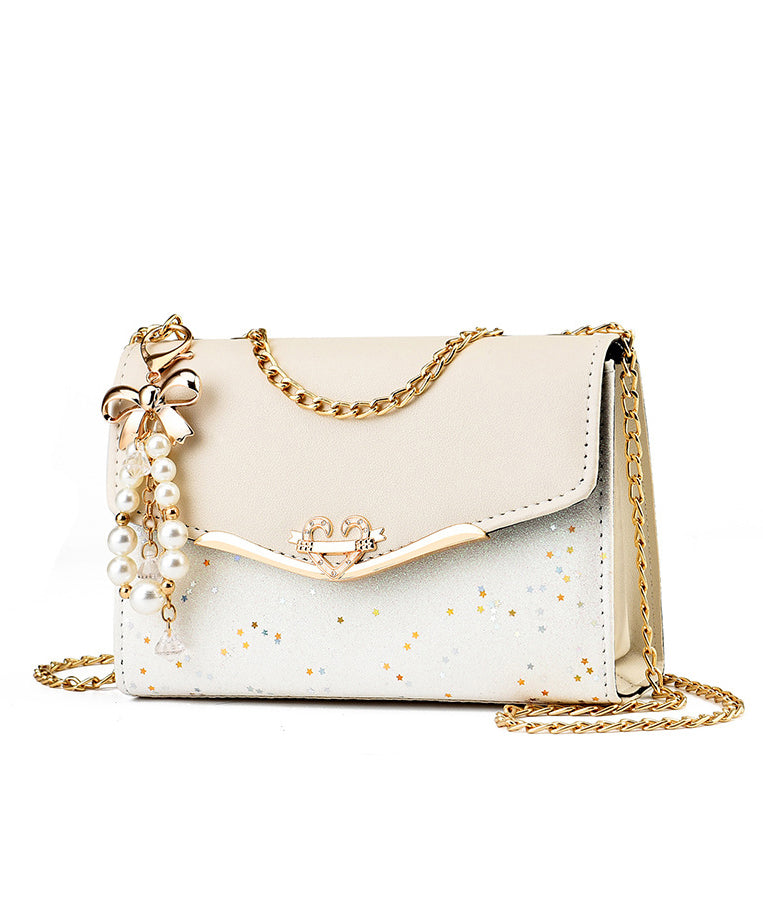 Stylish Bag Flap Faux Beige Leather Chain Linked