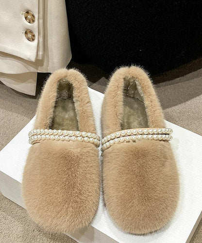 Stylish Beige Fuzzy fur Nail Bead Splicing Flat Feet Shoes TQ058