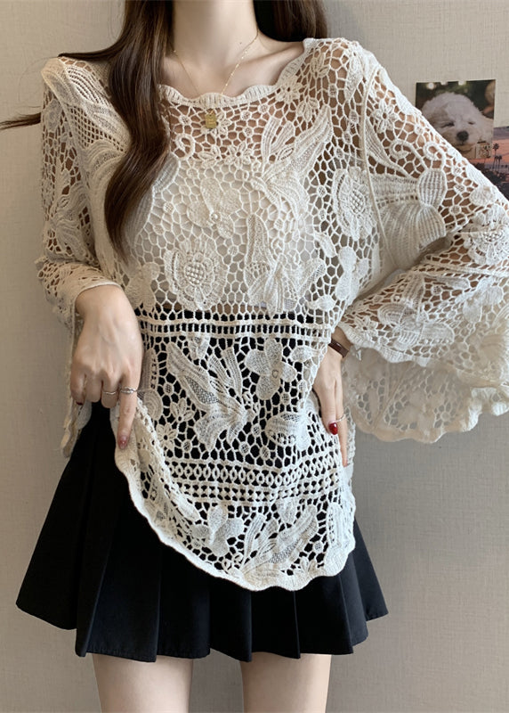 Tops Summer Out Lace Stylish Knit Beige Hollow