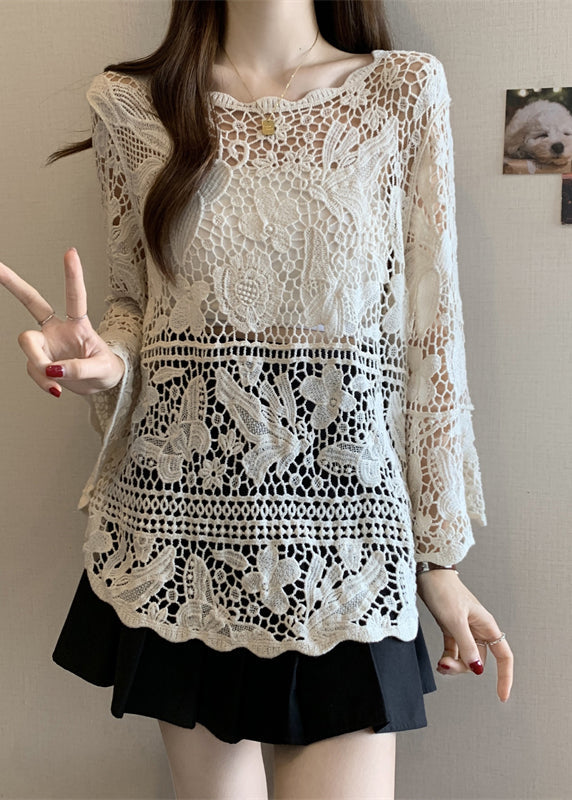 Tops Summer Out Lace Stylish Knit Beige Hollow