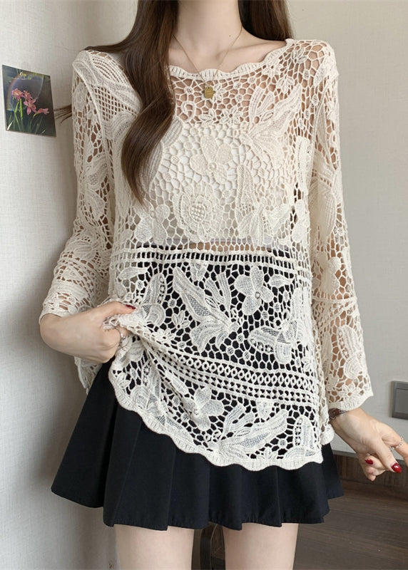 Tops Summer Out Lace Stylish Knit Beige Hollow
