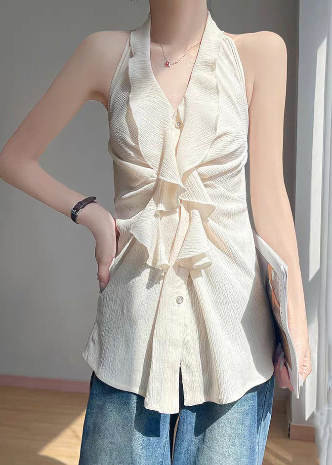 Button Sleeveless Beige Ruffled Shirts Stylish Cotton