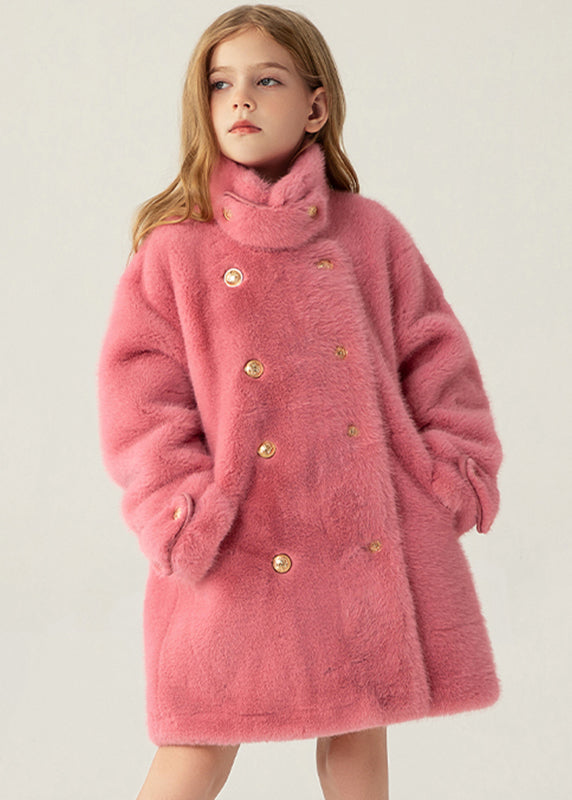 Stylish Beige Stand Collar Pockets Kids Long Mink Velvet Coats Winter WL013