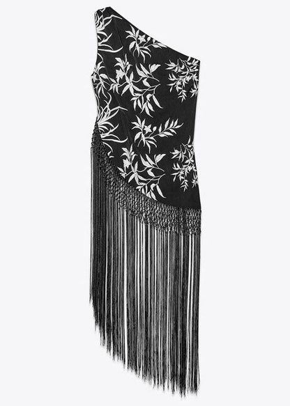 Tops Asymmetrical Black Stylish Cotton Tasseled Sleeveless