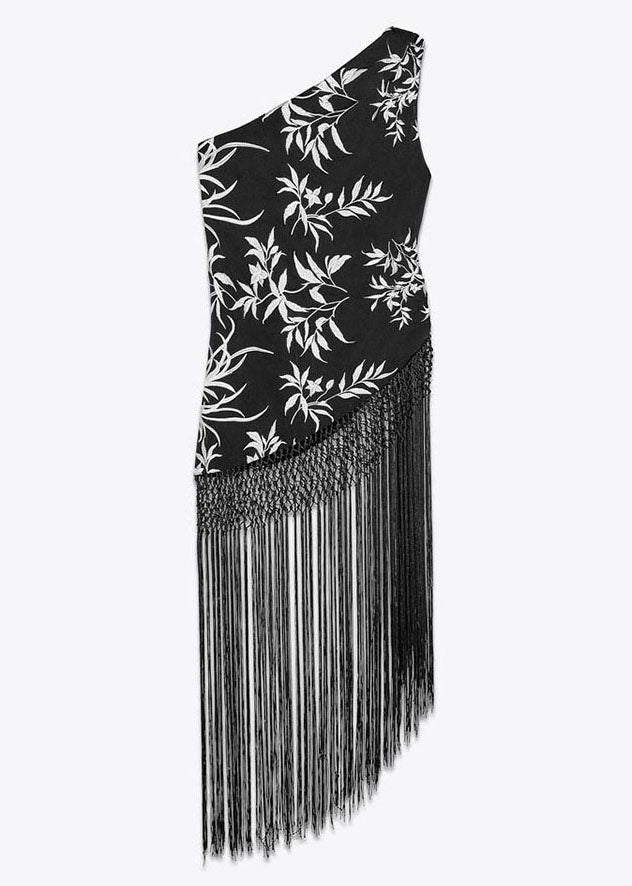 Tops Asymmetrical Black Stylish Cotton Tasseled Sleeveless