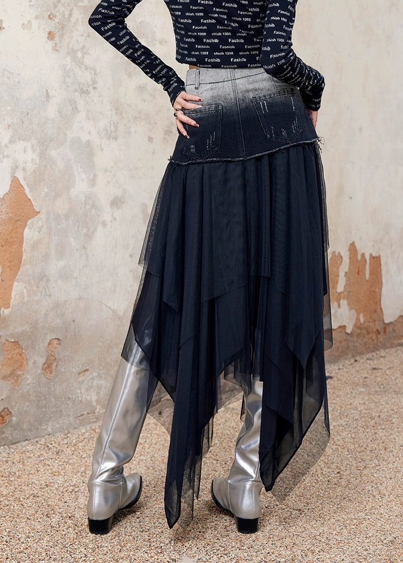 Stylish Black Asymmetrical Tulle Patchwork Denim Skirt Spring QQ1058