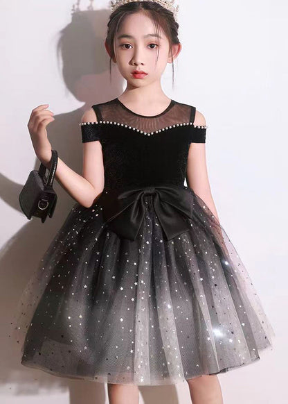 Robe de soirée élégante à manches courtes en tulle et perles pour enfants, avec nœud noir, EW006