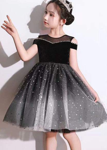 Robe de soirée élégante à manches courtes en tulle et perles pour enfants, avec nœud noir, EW006