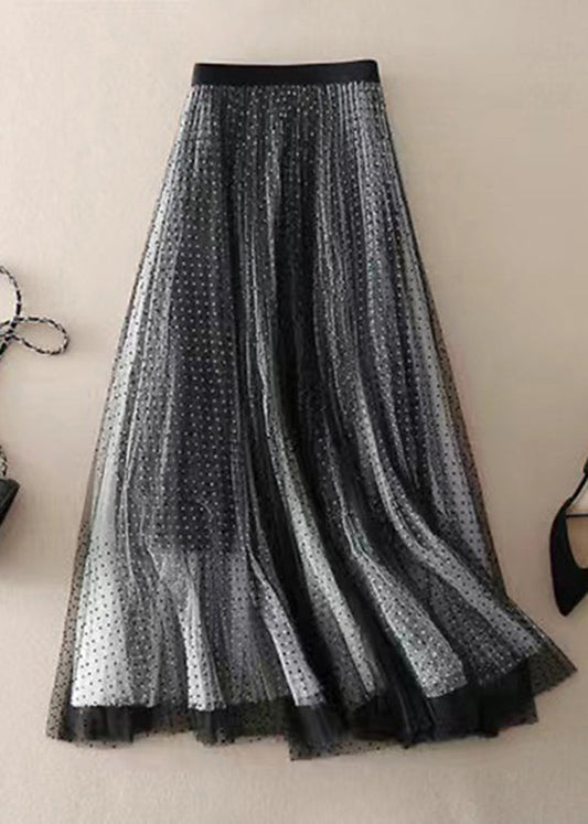 Stylish Black Dot Print Wrinkled Tulle Skirt Summer QQ1040