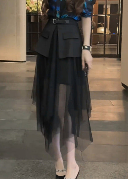 Skirt Black Patchwork Waist Summer Stylish Tulle High