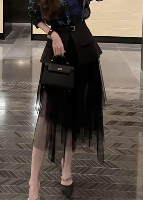 Skirt Black Patchwork Waist Summer Stylish Tulle High