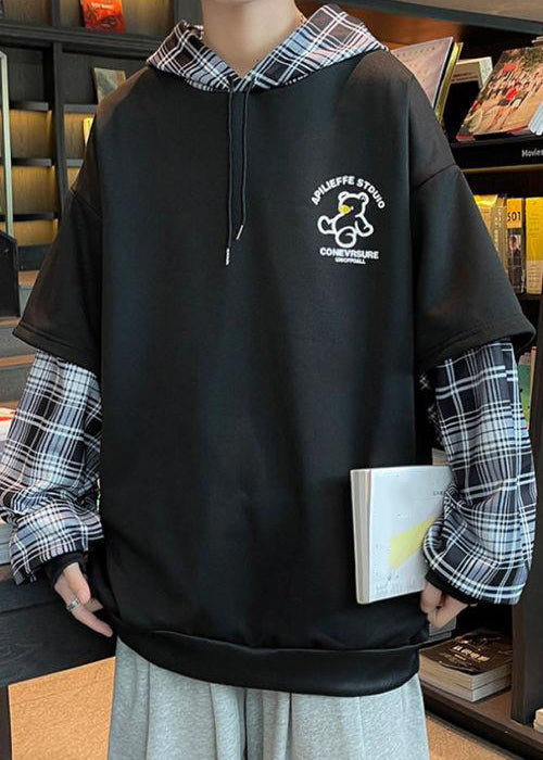 Spring Sweatshirts Patchwork Hooded Stylish Mens Cotton Black