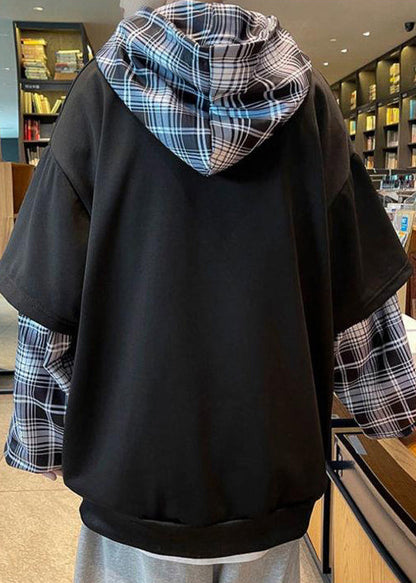 Spring Sweatshirts Patchwork Hooded Stylish Mens Cotton Black